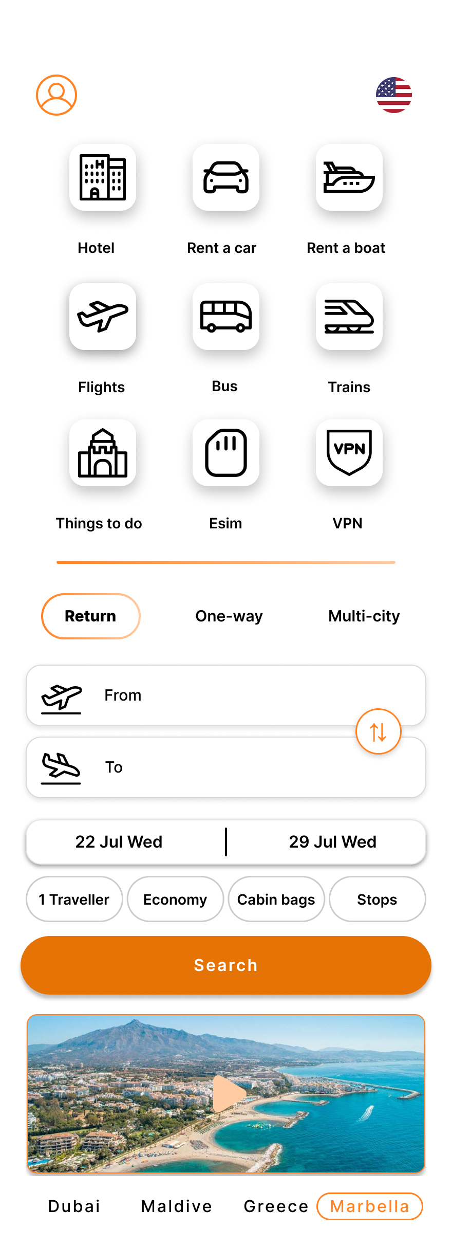 In One Trip home screen with all travel categories