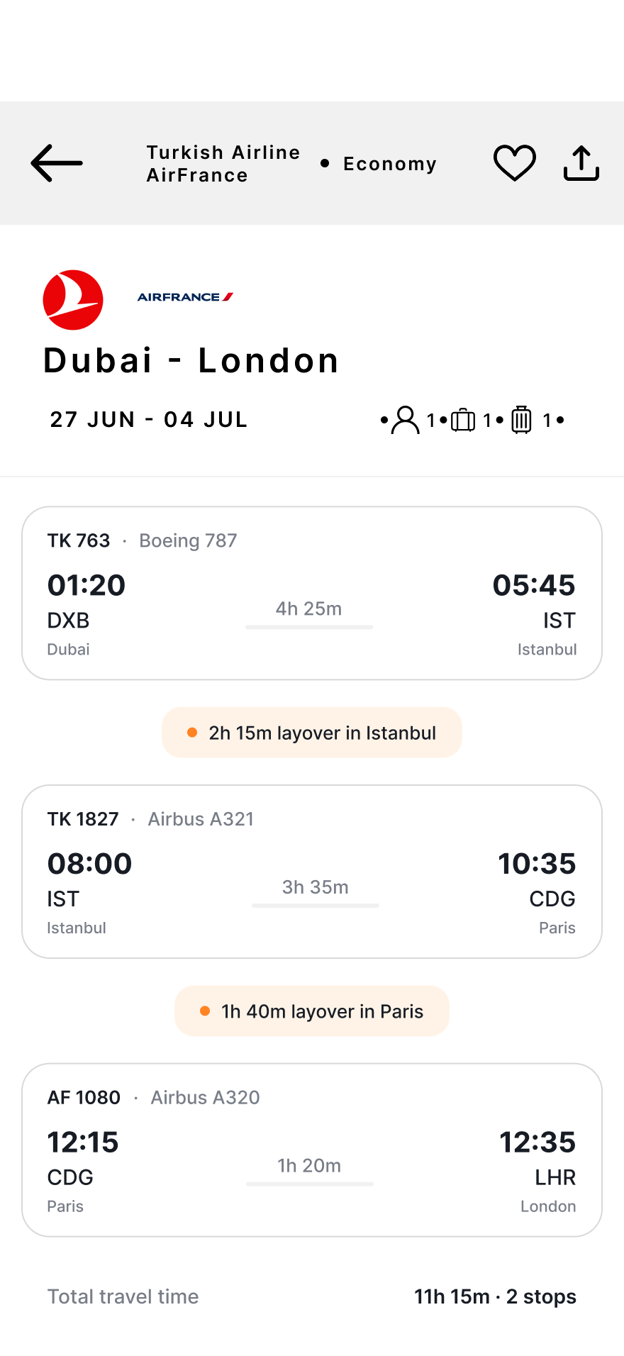 Full itinerary with every flight segment and layover