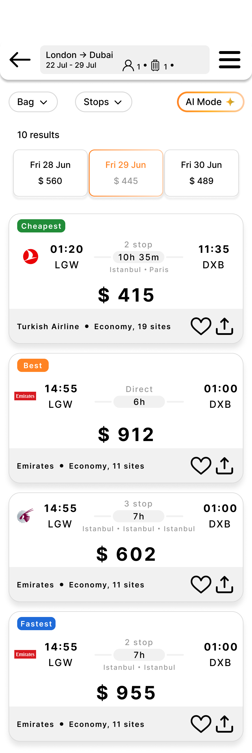 Flight results compared by price and duration