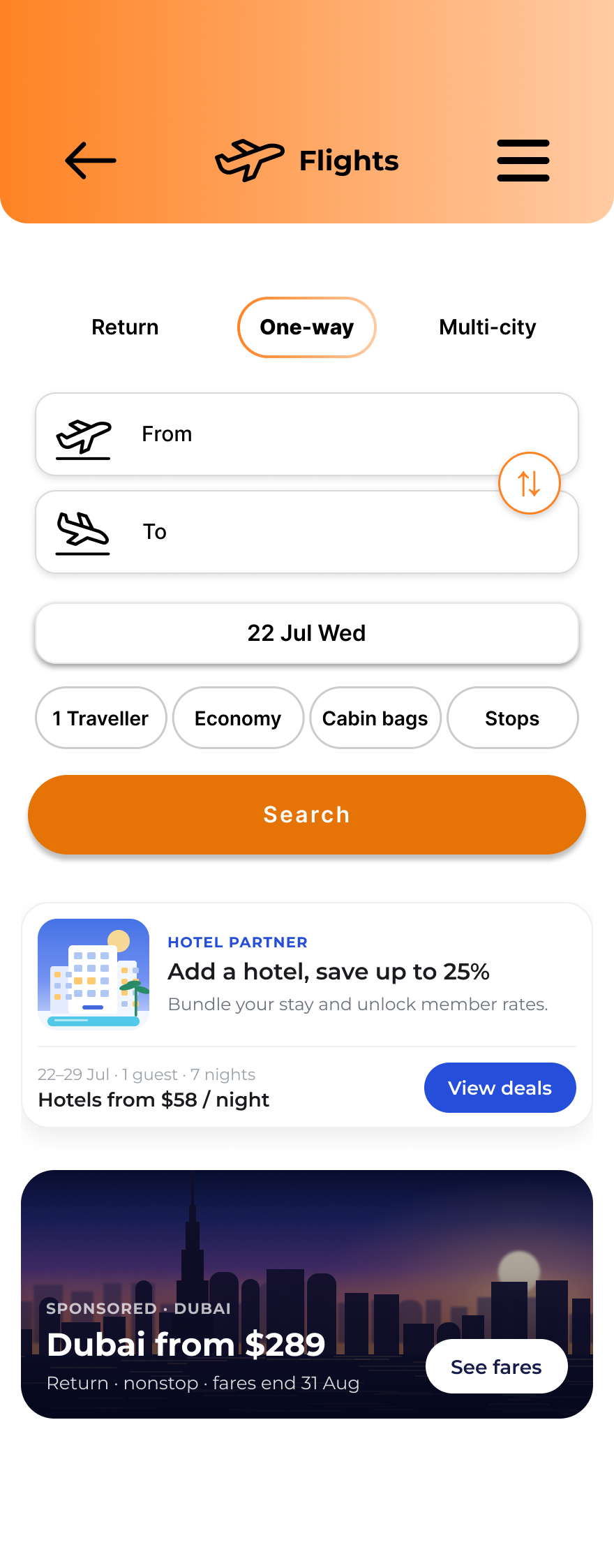 Flight search with route, dates and passengers